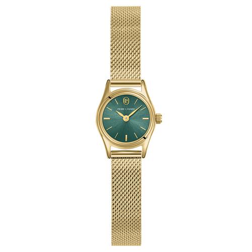 Montre femme Pierre Lannier Pya 091M572 avec cadran vert soleillé, boîtier doré et bracelet milanais doré 10 mm