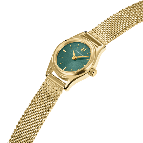 Montre femme Pierre Lannier Pya 091M572 avec cadran vert soleillé, boîtier doré et bracelet milanais doré 10 mm