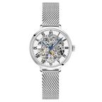 Montre femme Pierre Lannier 137H601 en acier milanais argenté avec cadran squelette blanc et aiguilles bleues
