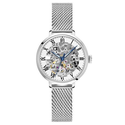 Montre femme Pierre Lannier 137H601 en acier milanais argenté avec cadran squelette blanc et aiguilles bleues