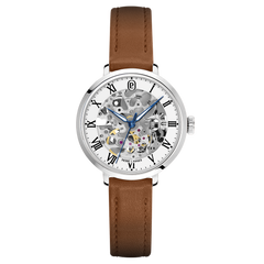 Montre femme Pierre Lannier 137H604 en acier argenté avec cadran squelette blanc et bracelet cuir brun 14 mm