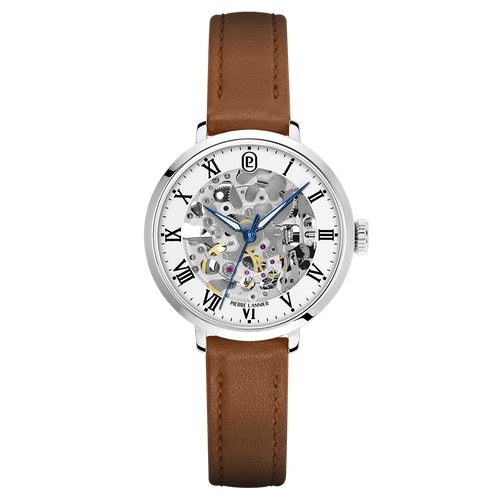 Montre femme Pierre Lannier 137H604 en acier argenté avec cadran squelette blanc et bracelet cuir brun 14 mm