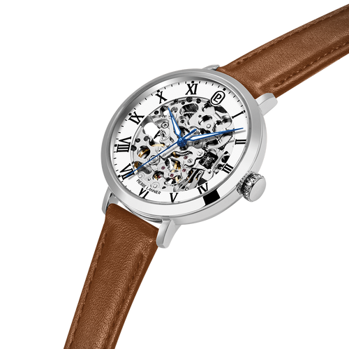 Montre femme Pierre Lannier 137H604 en acier argenté avec cadran squelette blanc et bracelet cuir brun 14 mm