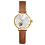 Montre femme Pierre Lannier Soline 139L524 en acier doré avec cadran nacré cœur ouvert et bracelet cuir brun 12 mm