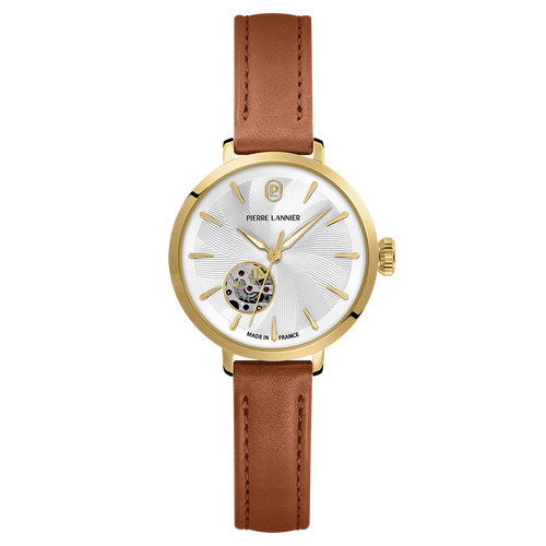 Montre femme Pierre Lannier Soline 139L524 en acier doré avec cadran nacré cœur ouvert et bracelet cuir brun 12 mm