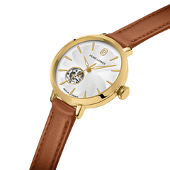 Montre femme Pierre Lannier Soline 139L524 en acier doré avec cadran nacré cœur ouvert et bracelet cuir brun 12 mm
