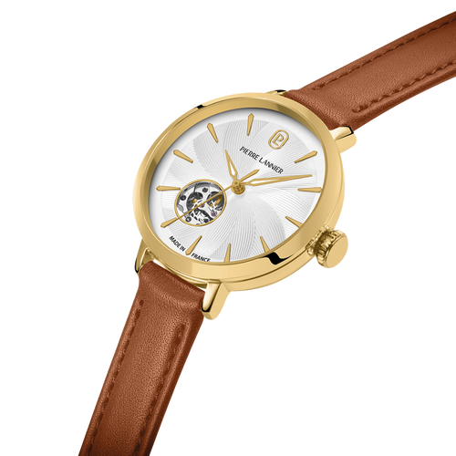 Montre femme Pierre Lannier Soline 139L524 en acier doré avec cadran nacré cœur ouvert et bracelet cuir brun 12 mm