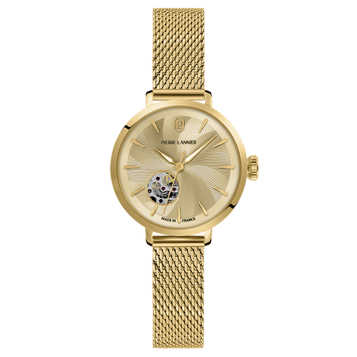 Montre femme Pierre Lannier Soline 139L542 automatique en acier milanais doré avec cadran doré texturé à cœur ouvert