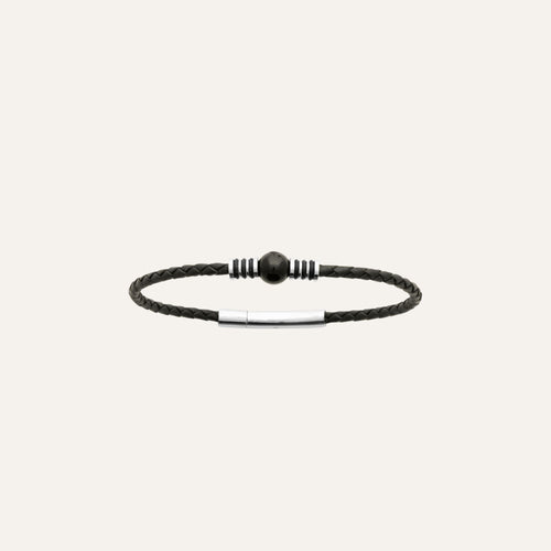 Bracelet Cable en Cuir, acier et perle d'agathe Noire Bracelet Leurelor 