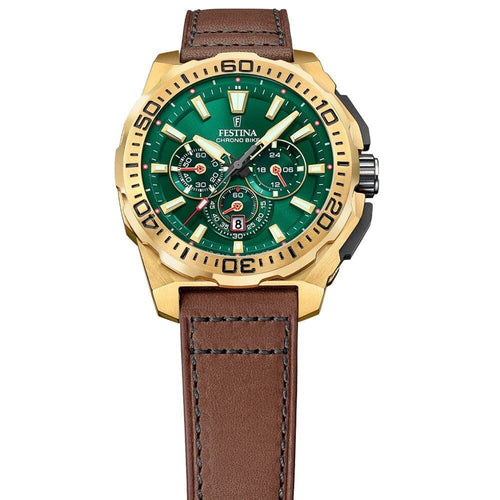Festina F20728/2 Montre Homme Chronographe Quartz Bracelet Cuir Marron Cadran Vert Étanche 20 ATM Élégance Sportive Précision Durable Homme FESTINA 