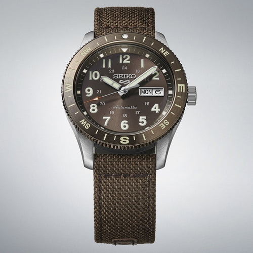 Seiko HDB009K1 Montre Homme Seiko 5 Sports Field Automatique - Cadran Marron, Bracelet Nylon et Cuir, Lunette Boussole, Étanche 100M, Style Outdoor et Fiabilité Quotidienne