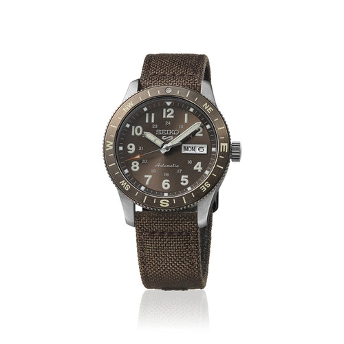 Seiko HDB009K1 Montre Homme Seiko 5 Sports Field Automatique - Cadran Marron, Bracelet Nylon et Cuir, Lunette Boussole, Étanche 100M, Style Outdoor et Fiabilité Quotidienne