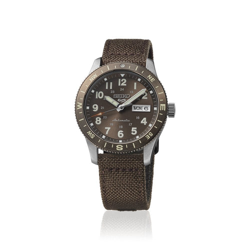 Seiko HDB009K1 Montre Homme Seiko 5 Sports Field Automatique - Cadran Marron, Bracelet Nylon et Cuir, Lunette Boussole, Étanche 100M, Style Outdoor et Fiabilité Quotidienne