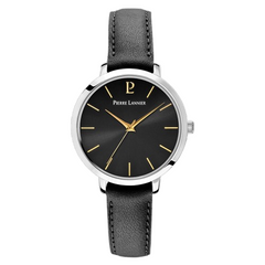 Pierre Lannier 034N633 Montre Femme CHOUQUETTE Argentée – Cadran Soleil Noir, Bracelet Cuir Noir, Quartz
