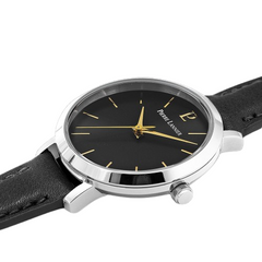 Pierre Lannier 034N633 Montre Femme CHOUQUETTE Argentée – Cadran Soleil Noir, Bracelet Cuir Noir, Quartz
