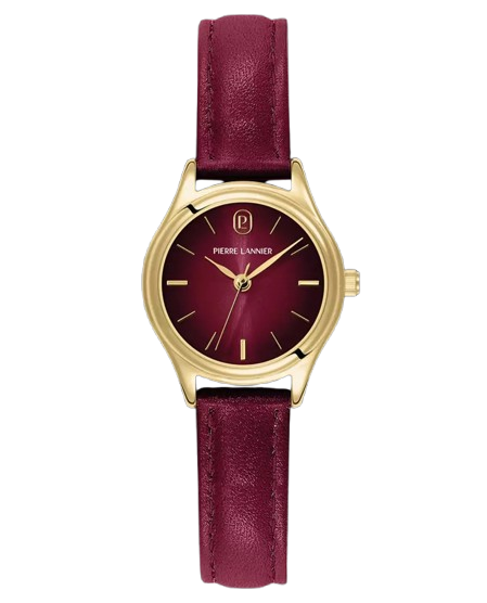 Pierre Lannier 021K555 Montre Femme PYA Dorée – Cadran Fumé Bordeaux, Bracelet Cuir Bordeaux, Mouvement Quartz