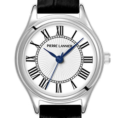 Pierre Lannier 020L603 Montre Femme Pya Bracelet Cuir Noir – Cadran Blanc à Chiffres Romains, Mouvement Quartz & Élégance Intemporelle
