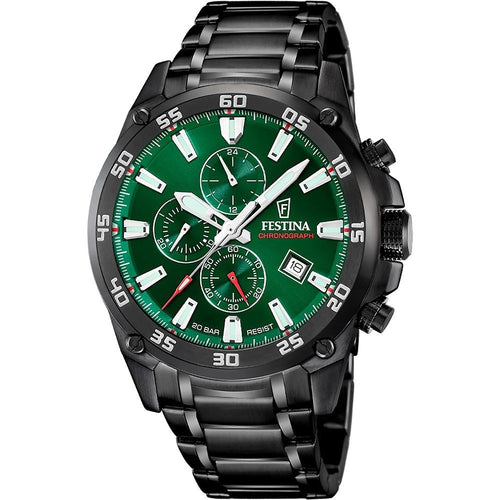 Festina F20735/2 Montre Homme Chronographe Quartz Bracelet Acier Inoxydable Noir Cadran Vert Étanche 20 ATM Élégance Sportive Précision Durable