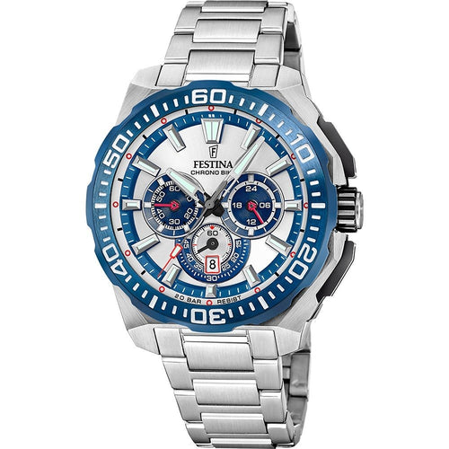 Festina F20724 1 Montre Homme Chronographe Quartz Cadran Argent Lunette Bleue Bracelet Acier Inoxydable Style Sportif et Performance Quotidienne
