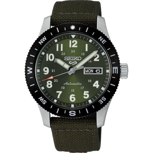 Seiko HDB008K1 Montre Homme Seiko 5 Sports Field Automatique - Cadran Vert, Bracelet Nylon et Cuir, Lunette Boussole, Étanche 100M, Style Aventure et Confort Quotidien