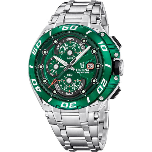 Festina F20754/5 Montre Homme Chronographe Quartz Bracelet Acier Inoxydable Argent Cadran Vert Étanche 20 ATM Style Sport Performance