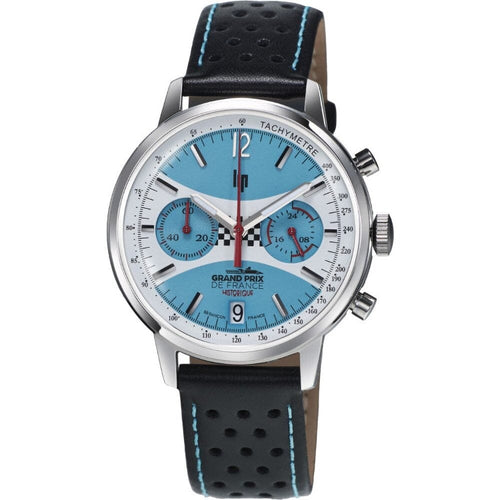 LIP 670076 Montre Homme Rallye 39 Meca-Quartz GPFH 2026 Édition Limitée - Chronographe Bleu Clair, Bracelet Rallye Cuir, Tachymètre, Style Sport Automobile Vintage Homme SEIKO 