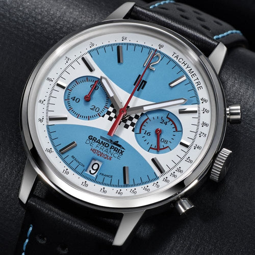 LIP 670076 Montre Homme Rallye 39 Meca-Quartz GPFH 2026 Édition Limitée - Chronographe Bleu Clair, Bracelet Rallye Cuir, Tachymètre, Style Sport Automobile Vintage Homme SEIKO 