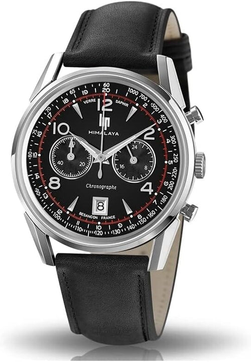 Montre chronographe Lip Himalaya 40 pour homme – Cadran noir haut de gamme, bracelet en cuir – Montre-bracelet de luxe Homme LIP 