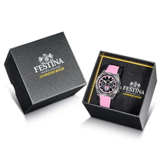 Montre femme Festina F20725/2, cadran noir et rose, boîtier en acier inoxydable, bracelet en silicone rose, chronographe, affichage de la date, mouvement à quartz, design sport Homme FESTINA 