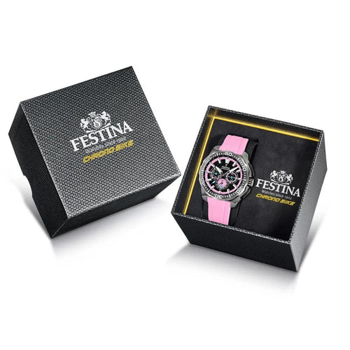 Montre femme Festina F20725/2, cadran noir et rose, boîtier en acier inoxydable, bracelet en silicone rose, chronographe, affichage de la date, mouvement à quartz, design sport Homme FESTINA 