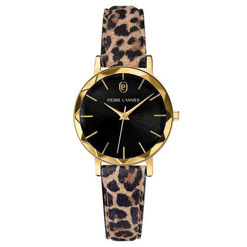 Montre Femme Multiples 010P539 en Acier Doré avec Cadran Noir et Bracelet Léopard Femme PIERRE LANNIER 