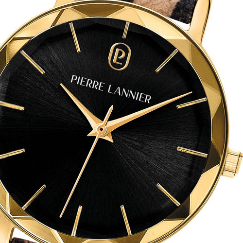Montre Femme Multiples 010P539 en Acier Doré avec Cadran Noir et Bracelet Léopard Femme PIERRE LANNIER 
