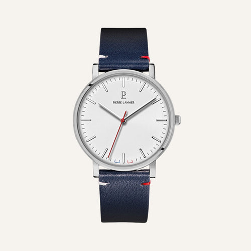 Montre Homme Essential 217G106 en Acier Argenté avec Cadran Blanc et Bracelet Cuir Bleu Homme PIERRE LANNIER 