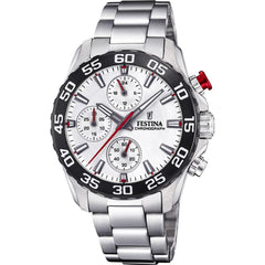 Montre homme Festina F20457/1, cadran blanc, bracelet en acier inoxydable, chronographe, affichage de la date, mouvement à quartz, design sport classique. Homme FESTINA 