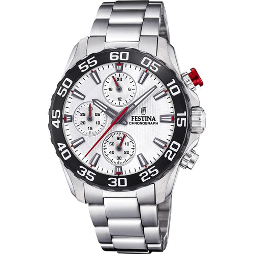 Montre homme Festina F20457/1, cadran blanc, bracelet en acier inoxydable, chronographe, affichage de la date, mouvement à quartz, design sport classique. Homme FESTINA 