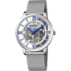 Montre homme Festina F20534/1 à cadran squelette, bracelet en maille d'acier inoxydable argenté, mouvement automatique, aiguilles bleues, design élégant à cœur ouvert Homme FESTINA 