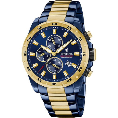 Montre homme Festina F20564/1 à cadran bleu, bracelet bicolore en acier inoxydable, chronographe, affichage de la date, mouvement à quartz, design sport-chic Homme FESTINA 