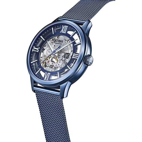 Montre homme Festina F20574/1 à cadran squelette, bracelet en maille d'acier inoxydable noir, mouvement automatique, design cœur ouvert, style classique et élégant. Homme FESTINA 