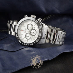 Montre homme Festina F20575/1, cadran blanc, bracelet en acier inoxydable, chronographe, affichage de la date, mouvement à quartz, design sport classique. Homme FESTINA 