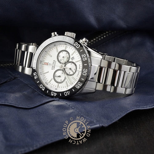 Montre homme Festina F20575/1, cadran blanc, bracelet en acier inoxydable, chronographe, affichage de la date, mouvement à quartz, design sport classique. Homme FESTINA 