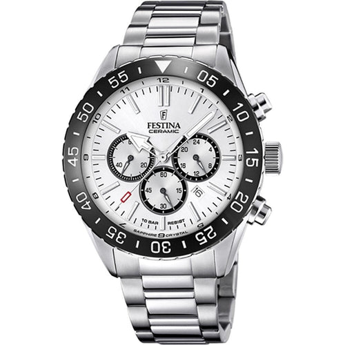 Montre homme Festina F20575/1, cadran blanc, bracelet en acier inoxydable, chronographe, affichage de la date, mouvement à quartz, design sport classique. Homme FESTINA 