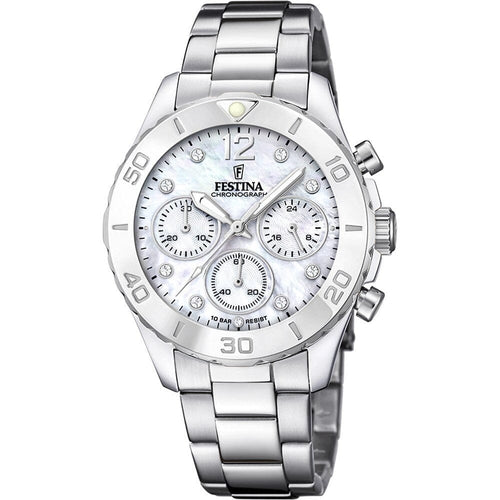 Montre homme Festina F20603/1, cadran blanc, bracelet en acier inoxydable, chronographe, affichage de la date, mouvement à quartz, design sport classique. Homme FESTINA 