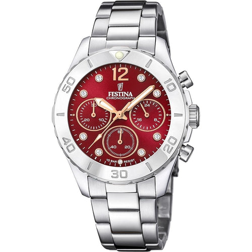Montre homme Festina F20603/2, cadran rouge, bracelet en acier inoxydable, chronographe, affichage de la date, mouvement à quartz, design sport élégant. Homme FESTINA 