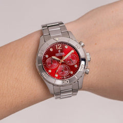 Montre homme Festina F20603/2, cadran rouge, bracelet en acier inoxydable, chronographe, affichage de la date, mouvement à quartz, design sport élégant. Homme FESTINA 