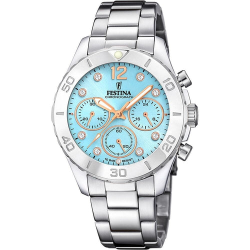 Montre homme Festina F20603/4, cadran bleu clair, bracelet en acier inoxydable, chronographe, affichage de la date, mouvement à quartz, design sport élégant. Homme FESTINA 