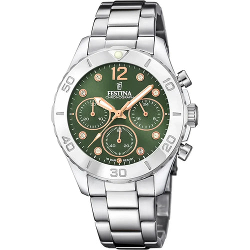 Montre homme Festina F20603/5, cadran vert, bracelet en acier inoxydable, chronographe, affichage de la date, mouvement à quartz, design sport élégant. Homme FESTINA 