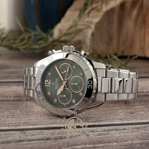 Montre homme Festina F20603/5, cadran vert, bracelet en acier inoxydable, chronographe, affichage de la date, mouvement à quartz, design sport élégant. Homme FESTINA 