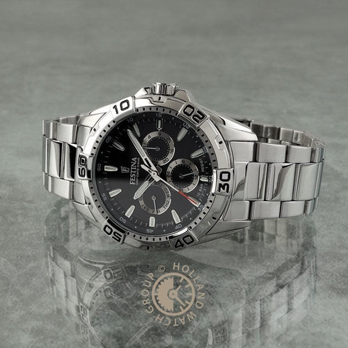 Montre homme Festina F20623/4, cadran noir, bracelet en acier inoxydable, chronographe, affichage de la date, mouvement à quartz, design sport classique. Homme FESTINA 