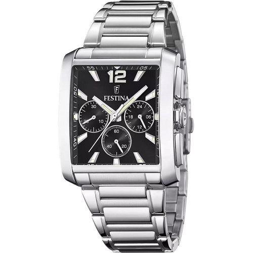 Montre homme Festina F20635/4, cadran noir, bracelet carré en acier inoxydable, chronographe, affichage de la date, mouvement à quartz, design classique et élégant. Homme FESTINA 
