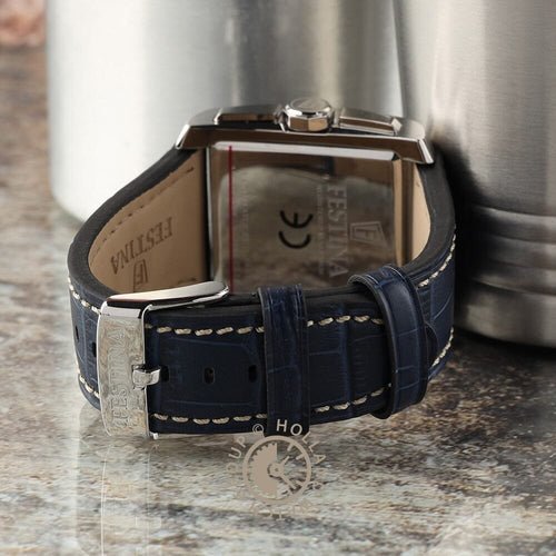 Montre homme Festina F20636/2, cadran bleu, boîtier carré, bracelet en cuir, acier inoxydable, chronographe, affichage de la date, mouvement à quartz, design classique et élégant. Homme FESTINA 